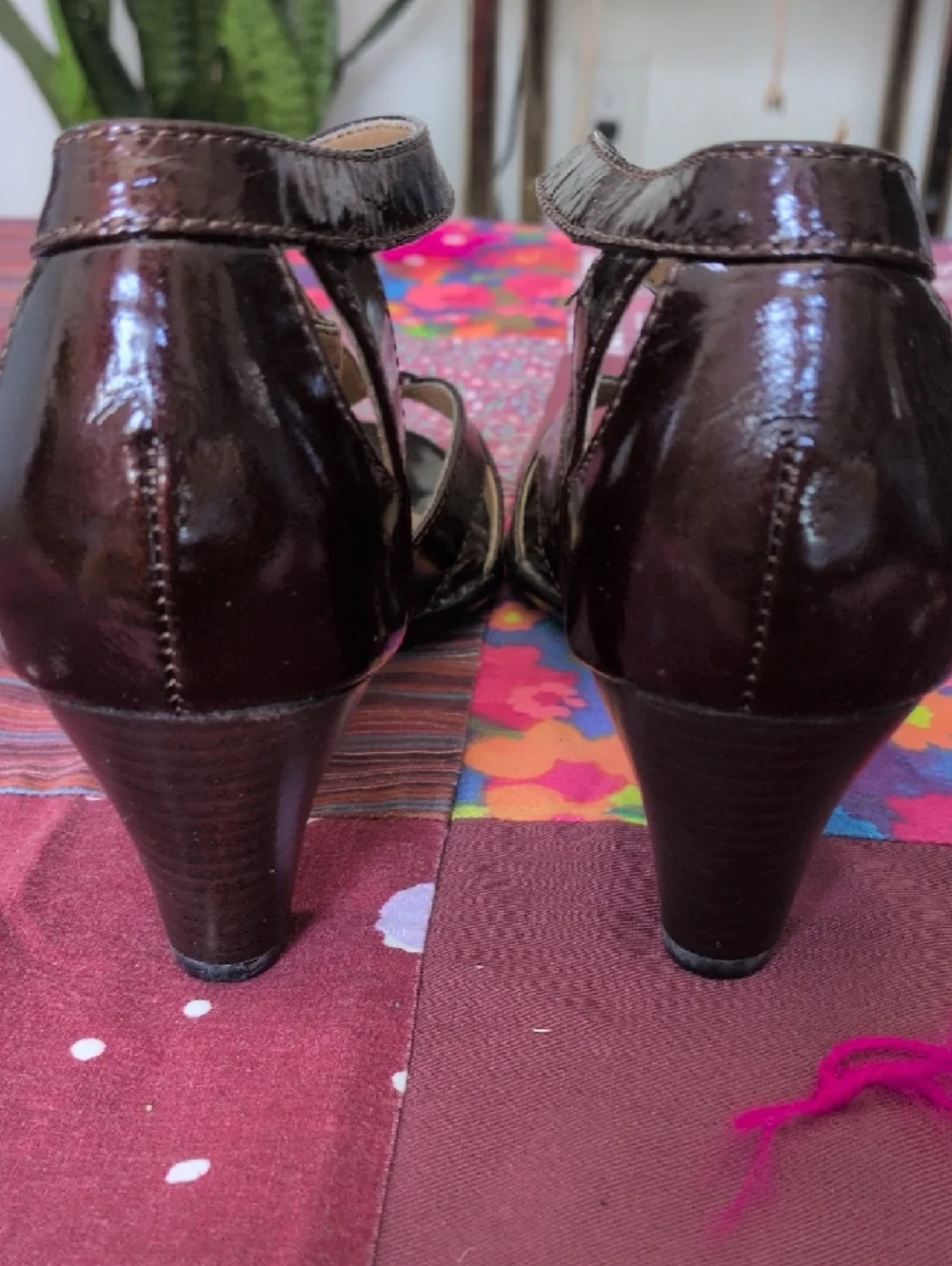 Sofft Dark Brown Patent Leather T-Strap Heels